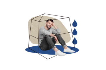 Photo collage picture poster of sad upset man sitting cage think dreaming better life isolated on drawing background