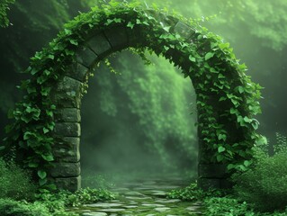 Vine-covered Stone Arch on Green Background