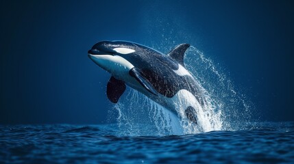 Fototapeta premium Orca Jumping in Deep Blue Background