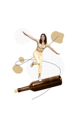 Vertical collage image of excited carefree mini girl dancing partying huge beer bottle isolated on painted beige background