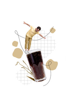Vertical collage image of impressed mini guy stand balancing huge soda drink glass isolated on creative beige background