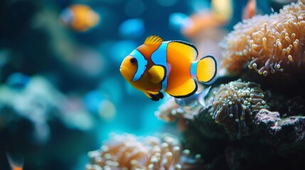 Fototapeta na wymiar Tropical Fish Aquarium on Blue Background