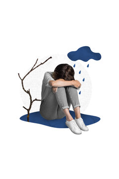 Photo collage artwork minimal picture of crying unhappy lady sitting puddle under rain isolated drawing background