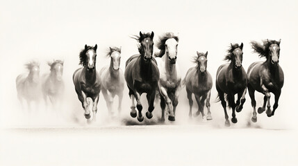 A group of horses running in a line on a white background.