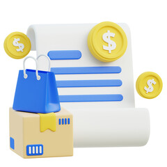 3D Concept of Financial Transaction with Shopping Bag, Bill, and Money Icons