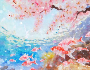 Obraz na płótnie Canvas 水中から見る桜と金魚のイメージ