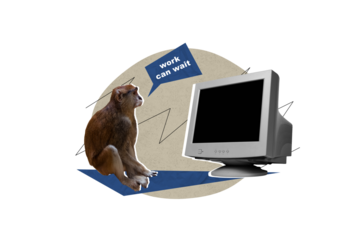 Photo cartoon comics sketch collage picture of lazy chimp distance remote work can wait isolated drawing background