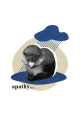 Creative retro 3d magazine collage image of depressed monkey feeling apathy sitting under rain isolated painting background