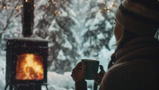 Woman holding a cup of hot steamy coffee enjoy window sight in nature forest, indoors fireplace, wide window looped footage