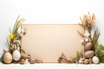 Empty wooden board with Easter details isolated on white background Generative Ai