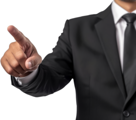 Image of a businessman in a black suit pointing forward, giving an impression of direction or selection.