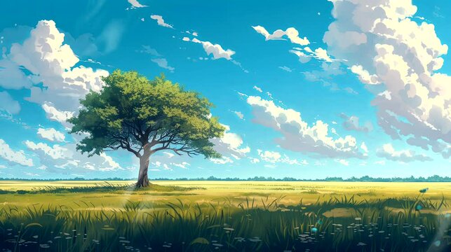 A twilight scene with the lone tree against the horizon. Fantasy landscape anime or cartoon style, seamless looping 4k time-lapse virtual video animation background