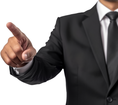Image of a businessman in a black suit pointing forward, giving an impression of direction or selection.