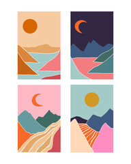 Set hand drawn trendy Vector illustrations. Mountain, river view. Hills, clouds, sun, moon. Paper cut style. Flat abstract design. Scandinavian style illustration.