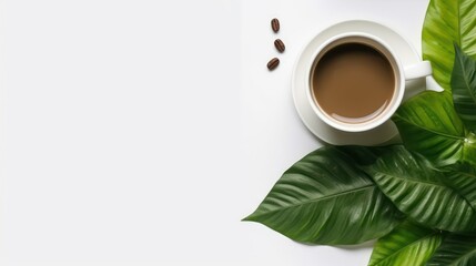 cup of coffee with green leaves on a white background