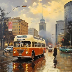 Poster Vintage Cityscape: Old Bus in Rainy Urban Street, Nostalgic Scene with Classic Transportation © sinjith