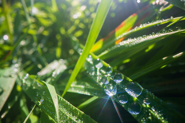 Fototapeta na wymiar Closeup of lush uncut green grass with drops of dew in soft morning light. Beautiful natural rural landscape for nature-themed design and projects