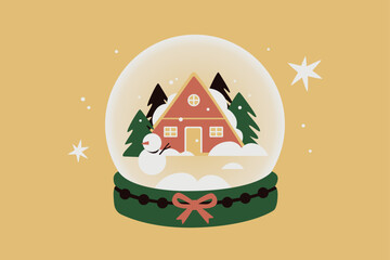 Christmas Glass Ball with Snowman and House Vector Illustration