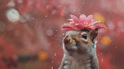 A squirrel with flowers on its head stands in the rain.
