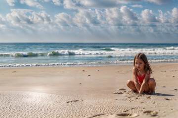 Fototapeta na wymiar Avventure Estive- Bambina alla Ricerca di Tesori sulla Spiaggia