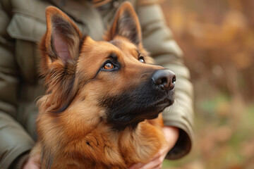 German Shepherd looking up at owner outdoors. Close-up pet portrait with autumn background. Loyalty and dog training concept. Design for educational poster, pet care guide