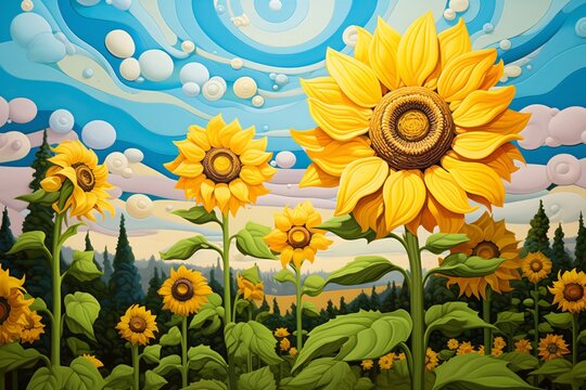 a painting of sunflowers in a field