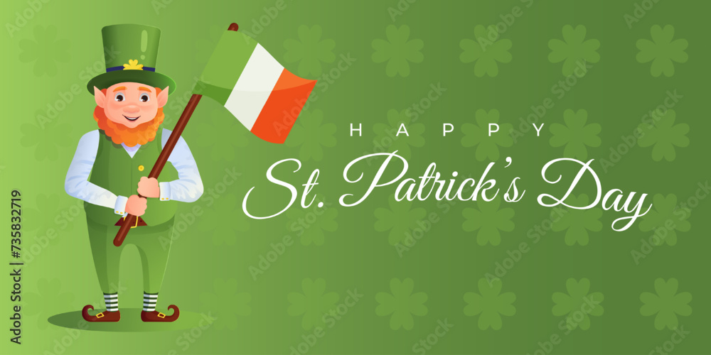 Fototapete happy st. patricks day banner with leprechaun with irish flag. green pattern background with clover 