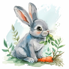 Easter bunny and carrot, watercolor illustration.