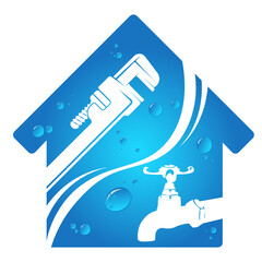 House symbol, wrench and water tap. Design for plumbing repair and service