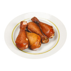 Smoked chicken legs, on a plate on a white background, isolated