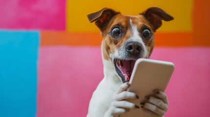Surprised dog holding a smartphone with a comical expression.