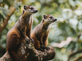 Obraz premium Close-up of curious coatis on a tree branch.