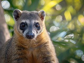 Obraz premium A coati with striking eyes looks directly at the camera, against a leafy backdrop.