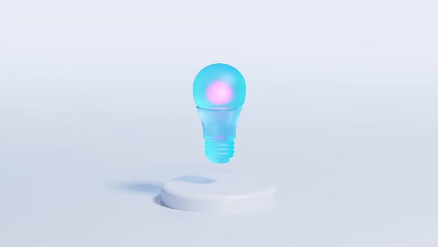 animation of 3d translucent glass glowing lightbulb icon. White background, minimalistic, isolated