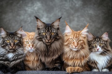 Group Of Maine Coon Cats Perfect Symmetrical Photo, Centered, Copy Space