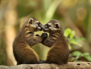 Two coatis having a playful moment on a tree branch.
