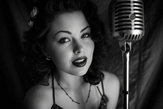 Pinup Style Model Poses With Vintage Microphone