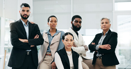 Face, business people and legal team in a workplace, law firm and career ambition with...