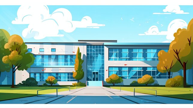 Colorful Flat-Style Illustration of a Vibrant School Building with Playground, Education Concept