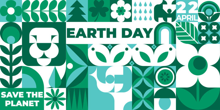 Happy Earth day geometric seamless pattern in green and blue colors. April 22. Mosaic vector background, banner, poster with plants, flowers, animals and simple forms. Neo geo art. Swiss style.