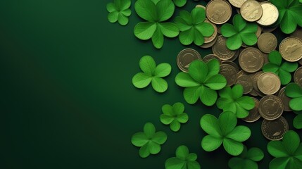 Clover leaves and gold coins with space for text. St. Patrick's Day celebration.