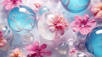 Beautiful marbles balls with flowers in pastel color. Concept of luxury background design.