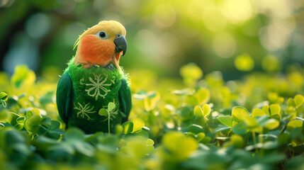 Parrot on green background for St. Patrick's Day Festivities. - obrazy, fototapety, plakaty