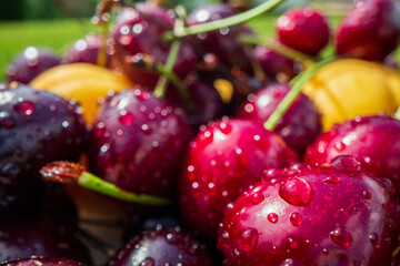 Close-up view of cherries harvest lying on green grass in garden. The concept of healthy food, vitamins, agriculture, market, cherry sale
