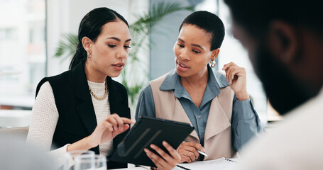 Business people, meeting or group with a tablet, teamwork or conversation with cooperation, budget...