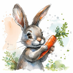 Easter bunny and carrot, watercolor illustration.