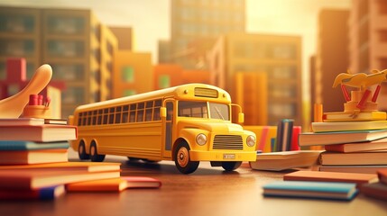 Vibrant School Bus Arrival Scene: Backpacks, Books, and More - Back-to-School Concept, 3D Render