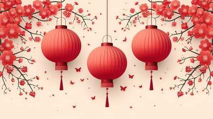 Obraz na płótnie Canvas Chines new year poster, Vietnamese Lunar New Year or Tet Holiday, Set of illustrations, Luxury rich background, Chinese New year banner with red lanterns, Fireworks, dragons, copy space, ai generated