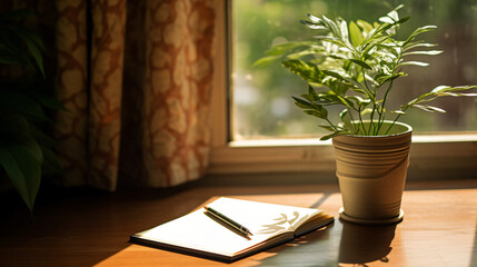 A notebook, pen, and a plant on a table.