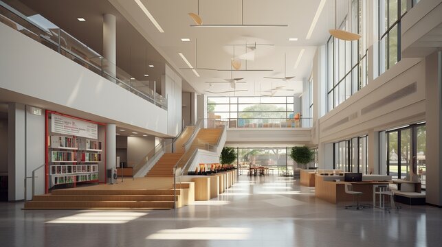 Spacious School Lobby with Towering Ceilings: Entrance Scene with Modern Architectural Design - Powered by Adobe
